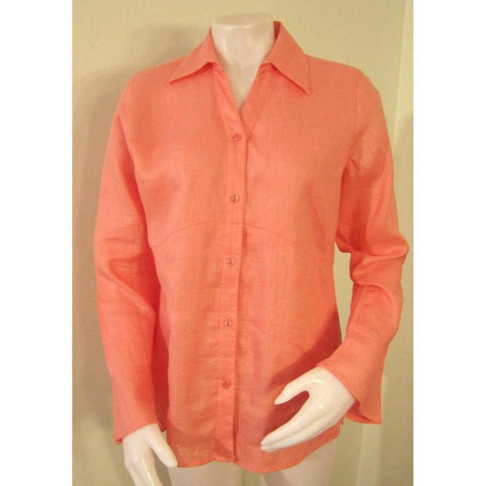 Saint Tropez West Women's Pink Linen Blouse Size Medium Long Sleeve Button Up